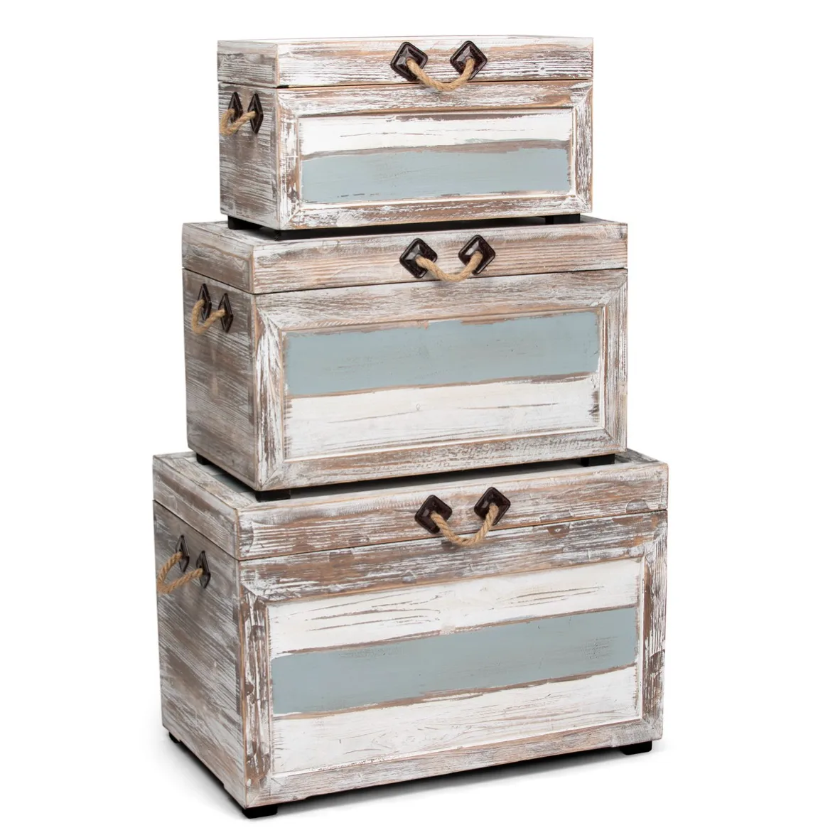 Three wooden storage chests with a rustic finish, each featuring blue and white panels and rope handles, stacked on top of each other.