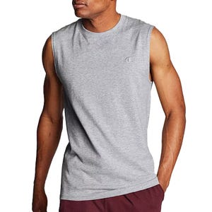 Gray Champion sleeveless muscle tee featuring a small logo on the left chest, made of soft, lightweight fabric. Suitable for casual or athletic wear.