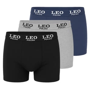 Three pairs of boxer briefs in black, gray, and blue, each with a waistband labeled \“LEO Poldo.\“