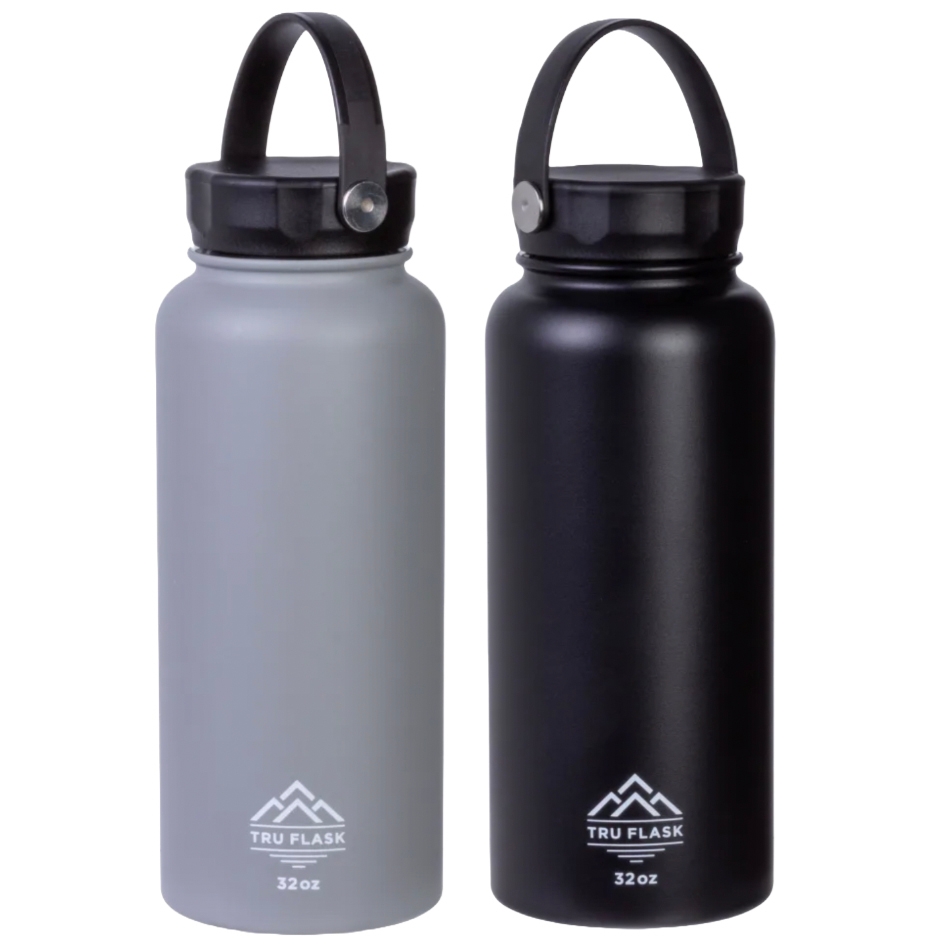 Two 32-ounce insulated water bottles, one gray and one black, each with a carrying handle on the lid and branded with the \“TRU FLASK\“ logo.