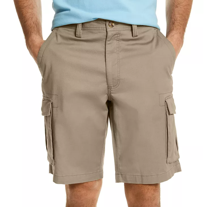 Khaki cargo shorts with belt loops and side pockets, worn with a light blue shirt.
