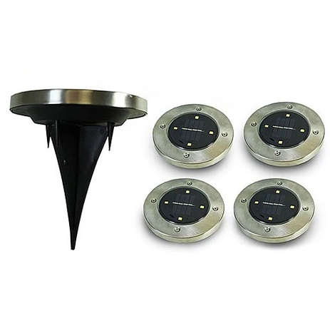 Round solar-powered LED ground lights with a metallic edge and attached stakes for easy outdoor installation. Four lights are shown.
