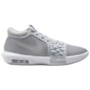 A gray athletic shoe with a mesh upper, quilted detailing, and visible air cushioning in the sole.
