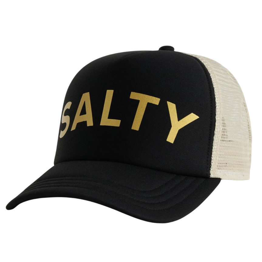 A black and beige trucker hat with the word \“SALTY\“ in large gold letters on the front.