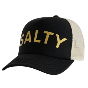 A black and beige trucker hat with the word \“SALTY\“ in large gold letters on the front.