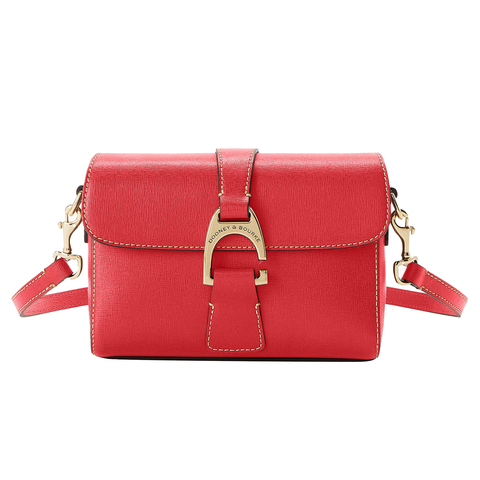 A red Saffiano leather crossbody bag features a front flap with a buckle detail, contrast stitching, and an adjustable strap.