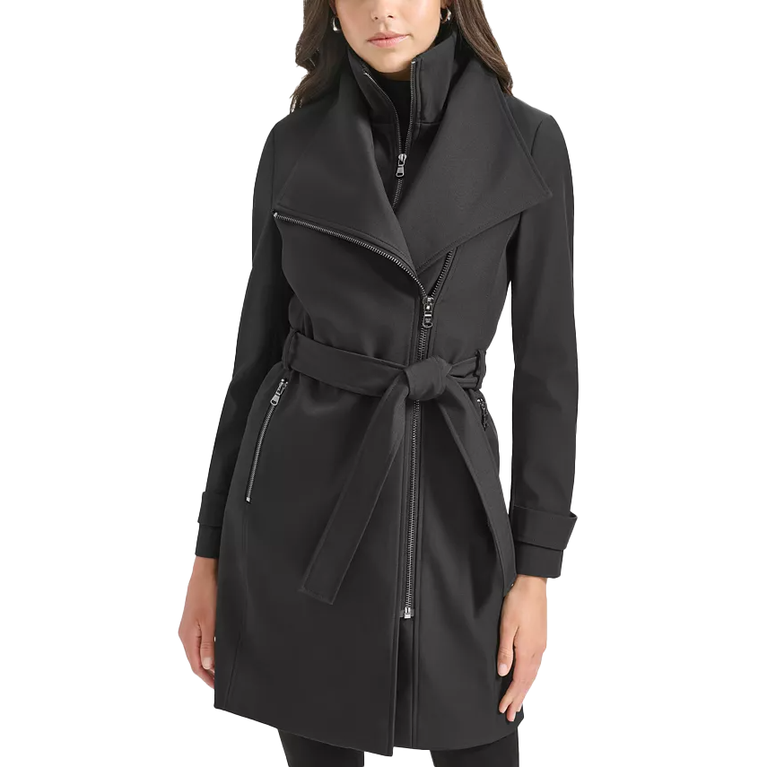 A black Calvin Klein wrap coat featuring a wide collar, asymmetrical zip front, and a self-tie belt at the waist.