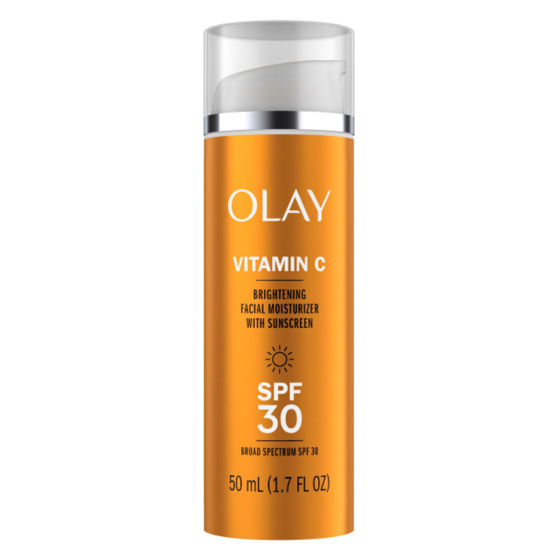 Olay Vitamin C Brightening Facial Moisturizer with SPF 30 offers sun protection while enhancing skin brightness. Contains 50 mL (1.7 fl oz) and includes sunscreen for a broad spectrum SPF 30.