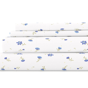 A 4-piece queen sheet set with a white background featuring a delicate blue floral print. The set includes a fitted sheet, a flat sheet, and two pillowcases.