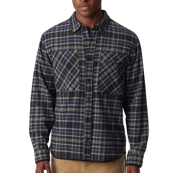 A man wearing a blue plaid long-sleeve flannel shirt with two chest pockets.
