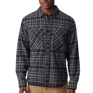 A man wearing a blue plaid long-sleeve flannel shirt with two chest pockets.
