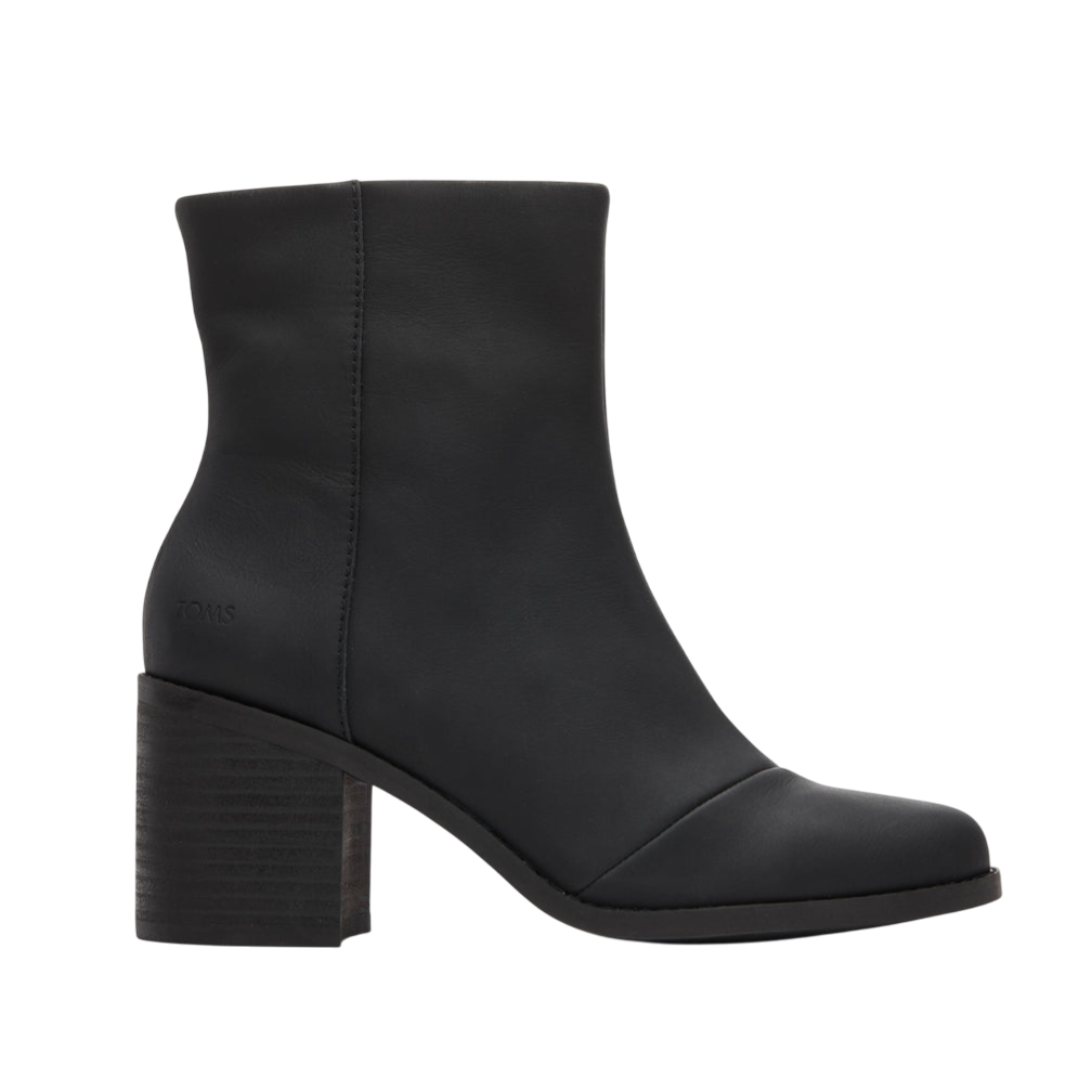 Black ankle boot with a stacked block heel, featuring a smooth finish and subtle branding near the heel.