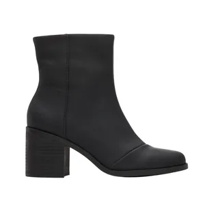 Black ankle boot with a stacked block heel, featuring a smooth finish and subtle branding near the heel.