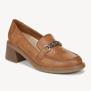 A brown loafer shoe with a chunky heel and a metallic horsebit detail on the vamp.