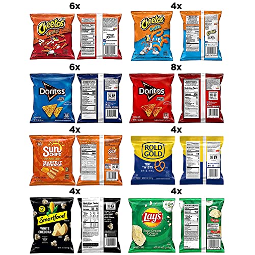 A Frito-Lay variety pack showcasing 8 types of snack bags: Cheetos, Doritos, SunChips, Rold Gold, Smartfood, and Lays, with quantity labels ranging from 4 to 8 bags per type.