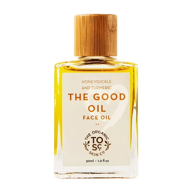 The Good Oil Face Oil by The Organic Skin Co. is a 30ml skincare product featuring honeysuckle and turmeric. It's designed for nourishing and promoting a healthy skin glow.
