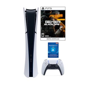 A PlayStation 5 console with a DualSense controller, \“Call of Duty: Black Ops 6\“ digital download, and a $25 PlayStation Store gift card.