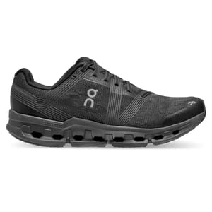 A black running shoe with distinctive sole design and the On logo on the side.