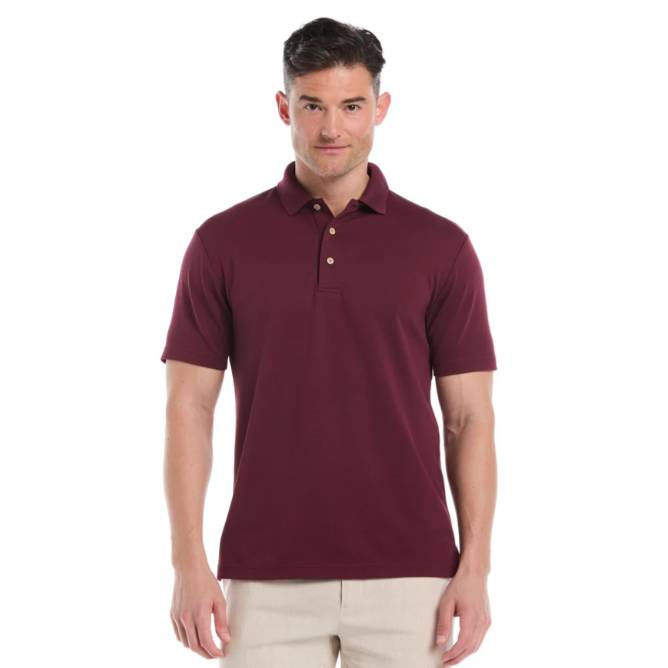 A man is wearing a burgundy short-sleeve polo shirt with khaki pants. The shirt has a classic collar and two buttons.