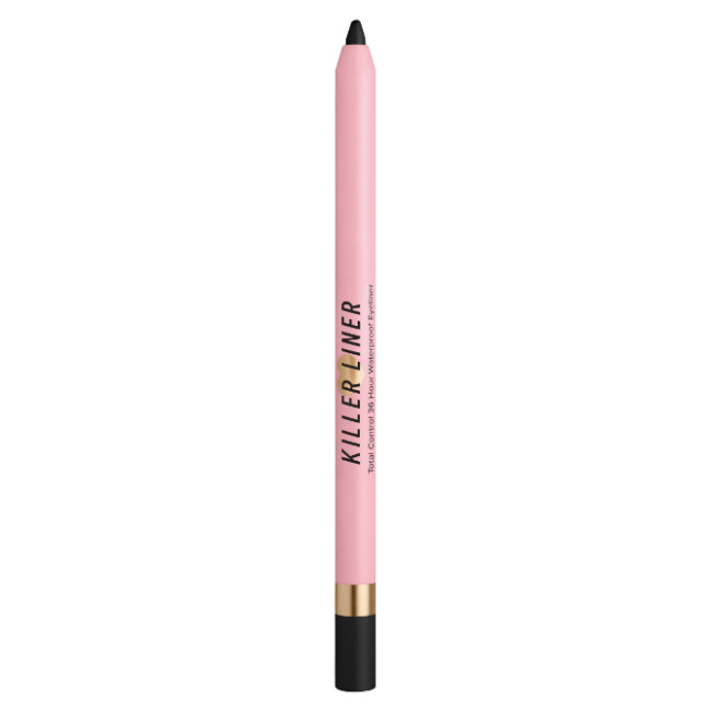 A pink cosmetic pencil labeled \“KILLER LINER\“ by Too Faced, with a black tip at one end and golden accents.