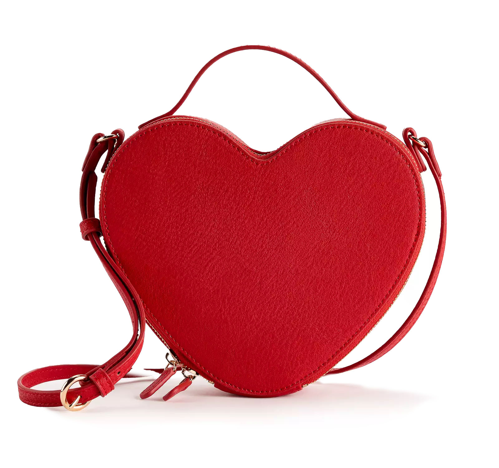 A red, heart-shaped handbag with a textured surface, featuring a handle and an adjustable shoulder strap. The bag has gold hardware and a zipper closure at the top.