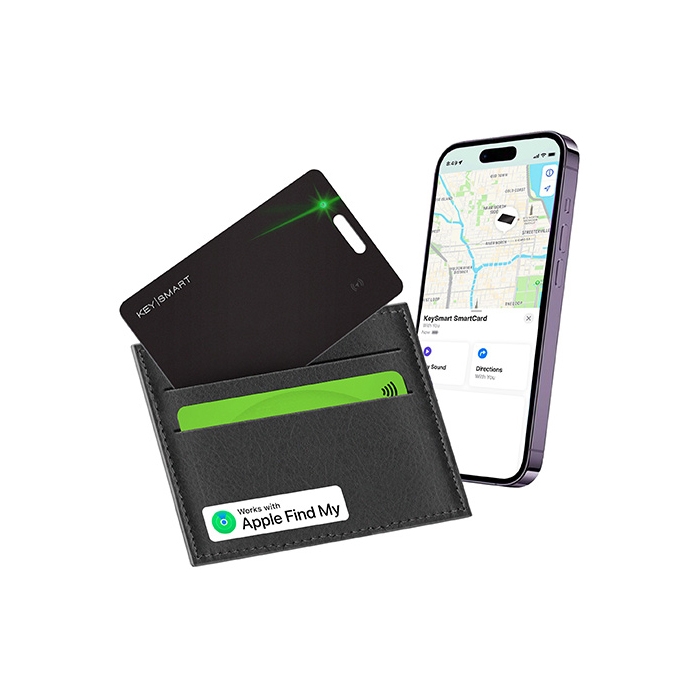 A slim, black tracking card next to a phone displaying a map for location tracking through an app.