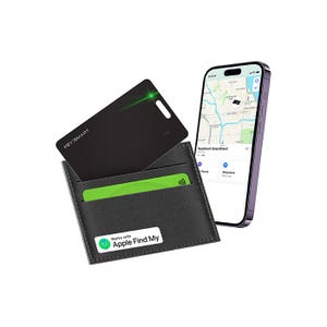 A slim, black tracking card next to a phone displaying a map for location tracking through an app.