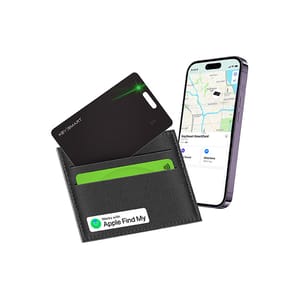 A slim, black tracking card next to a phone displaying a map for location tracking through an app.