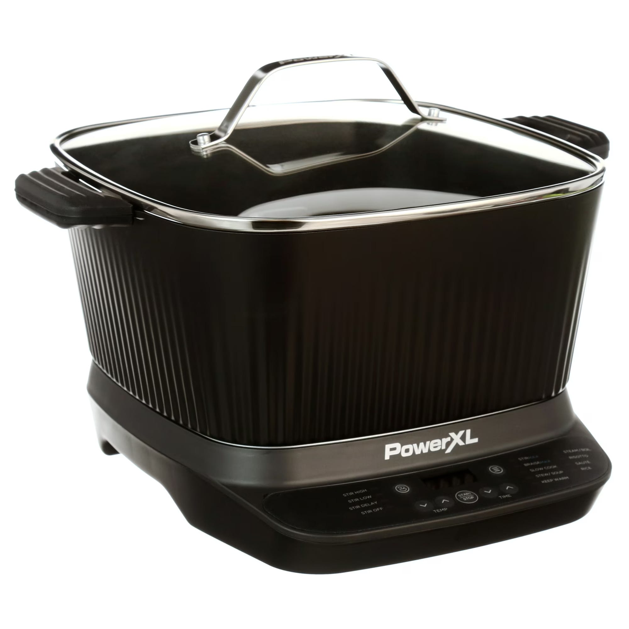PowerXL electric cooker with a black body, ribbed sides, handles, and a glass lid. Features a digital control panel for various cooking functions.