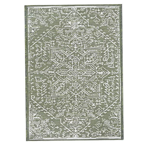 A rectangular area rug with an intricate, symmetrical geometric pattern in shades of gray and white.