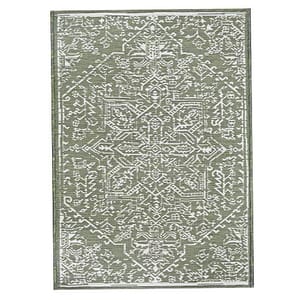 A rectangular area rug with an intricate, symmetrical geometric pattern in shades of gray and white.
