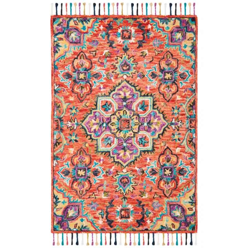 Vibrant, multicolored 4' x 6' hand-tufted wool area rug with intricate floral and geometric patterns in shades of red, blue, purple, and orange, featuring colorful fringe edges.