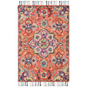 Vibrant, multicolored 4' x 6' hand-tufted wool area rug with intricate floral and geometric patterns in shades of red, blue, purple, and orange, featuring colorful fringe edges.