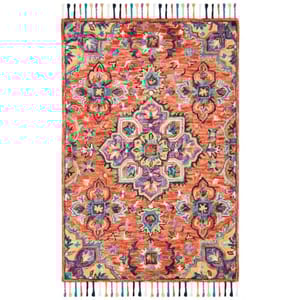 Vibrant, multicolored 4' x 6' hand-tufted wool area rug with intricate floral and geometric patterns in shades of red, blue, purple, and orange, featuring colorful fringe edges.