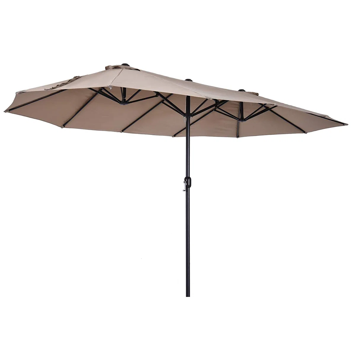 A large beige outdoor patio umbrella with a straight black pole and multiple support ribs.