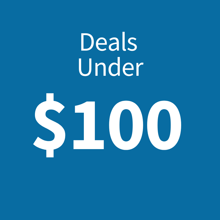 No products are displayed; the graphic indicates deals under $100.