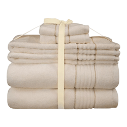 A beige towel set includes bath towels, hand towels, and washcloths, neatly tied together with a ribbon.