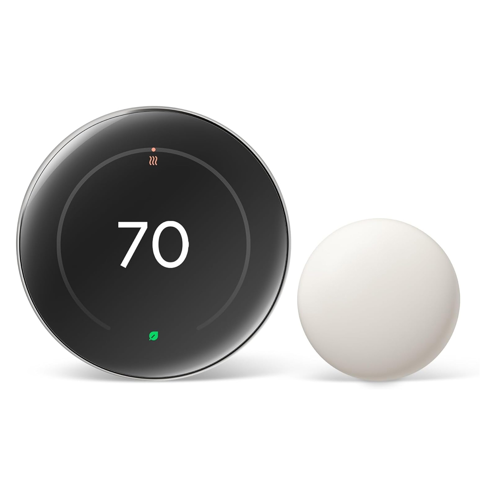 Smart thermostat with a round display showing a temperature of 70 degrees, accompanied by a small, white remote sensor.