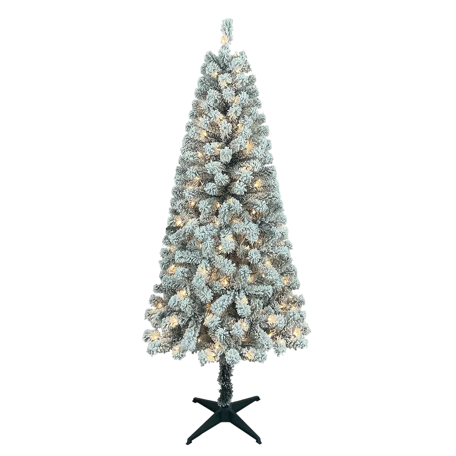 A flocked artificial Christmas tree with warm white lights and a black stand.