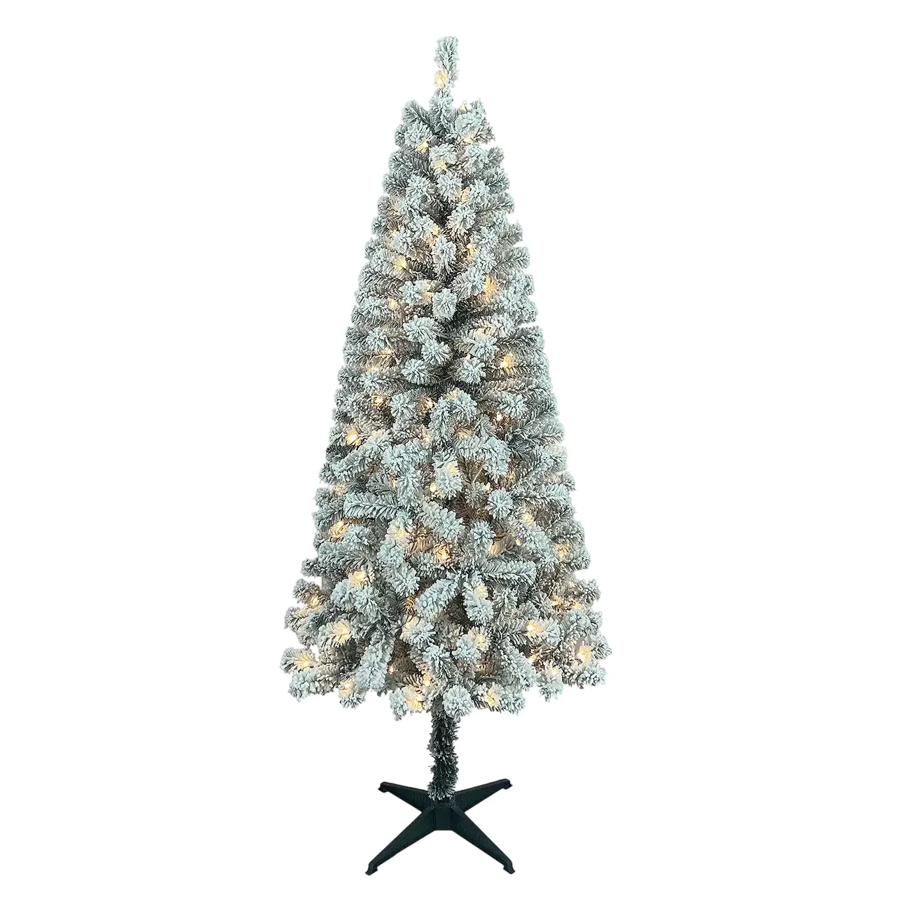 A flocked artificial Christmas tree with warm white lights and a black stand.