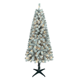 A flocked artificial Christmas tree with warm white lights and a black stand.