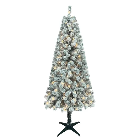 A flocked artificial Christmas tree with warm white lights and a black stand.