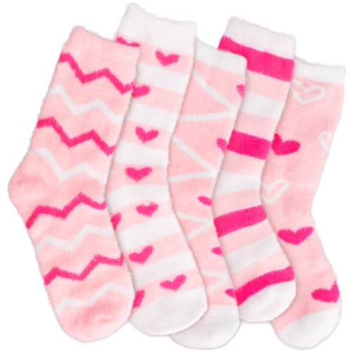 Five pairs of fluffy socks in pink and white, featuring various patterns such as chevrons, stripes, hearts, and lines.