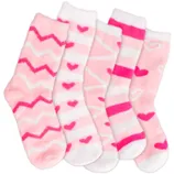 Five pairs of fluffy socks in pink and white, featuring various patterns such as chevrons, stripes, hearts, and lines.