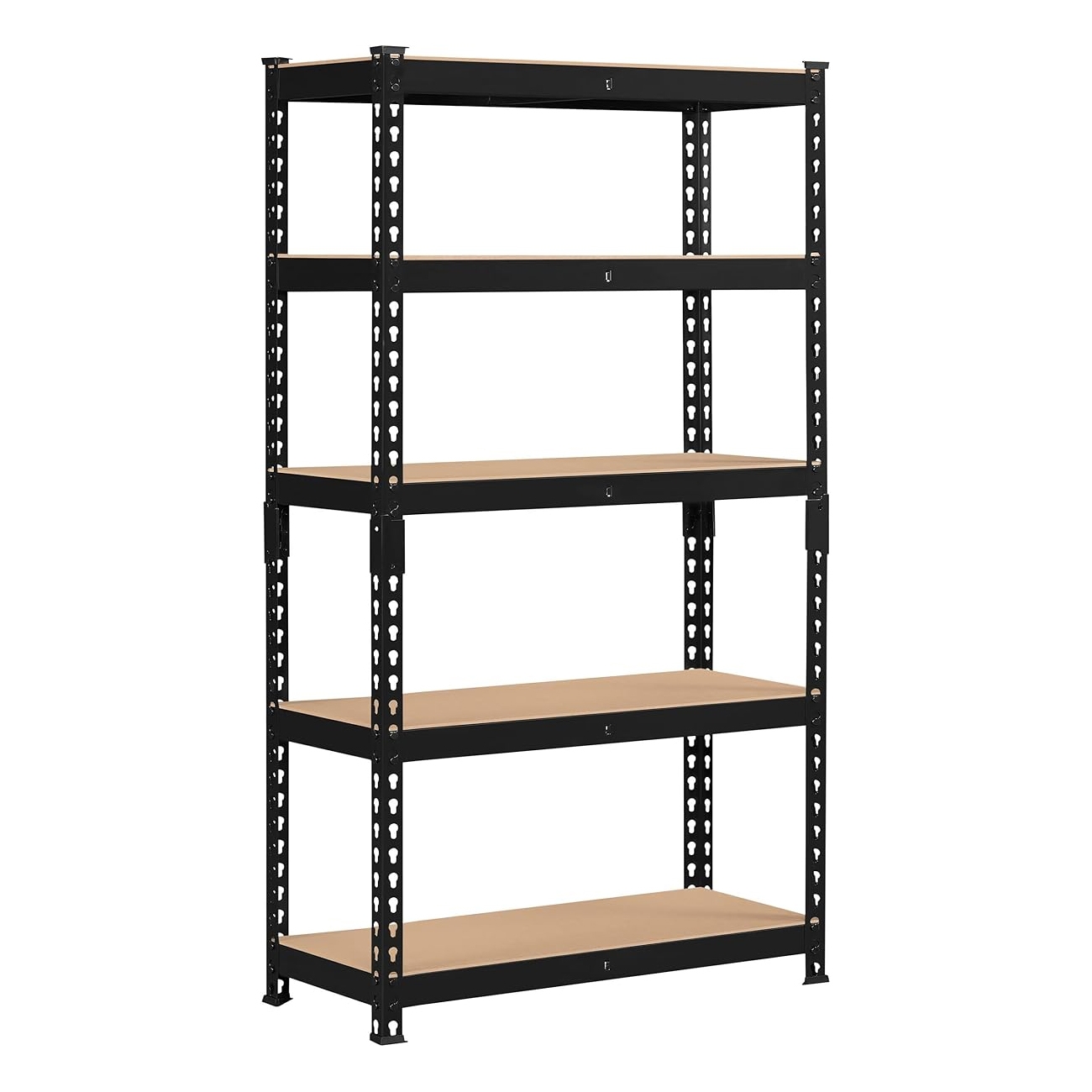 A black heavy-duty garage shelf with five solid wood shelves, supported by a sturdy metal frame with perforated beams for adjustable spacing and stability.