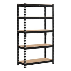 A black heavy-duty garage shelf with five solid wood shelves, supported by a sturdy metal frame with perforated beams for adjustable spacing and stability.