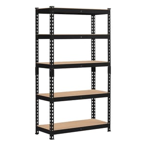 A black heavy-duty garage shelf with five solid wood shelves, supported by a sturdy metal frame with perforated beams for adjustable spacing and stability.