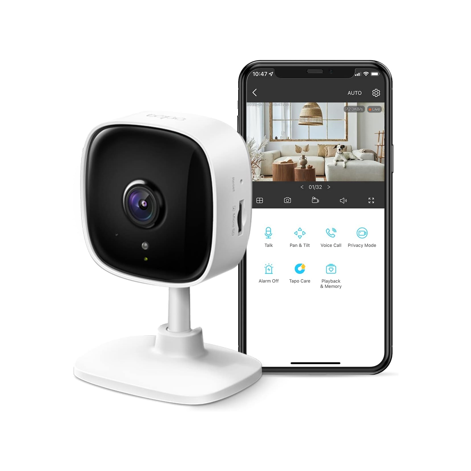 A security camera and a smartphone displaying the camera's live feed of a room.