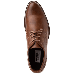 A brown leather dress shoe with laces viewed from above.