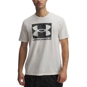 A white Under Armour T-shirt featuring the brand's logo in a square, with the text \“UNDER ARMOUR\“ beneath it.